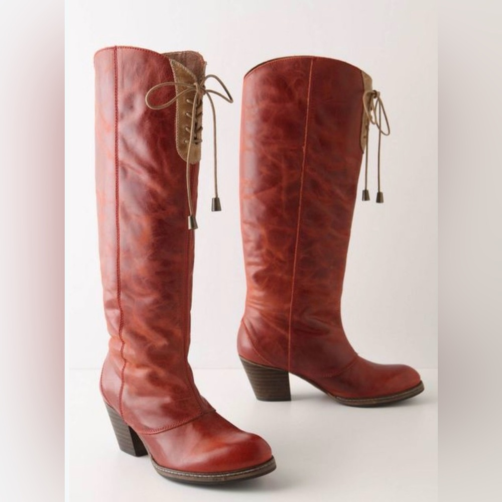 Anthropologie Holding Horses red leather high knee boots front tie sz 39